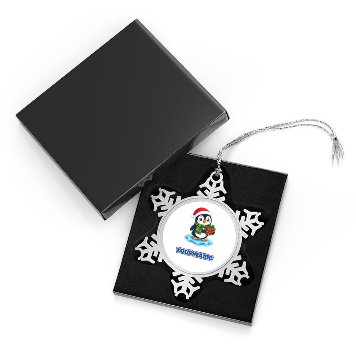Penguin With a Present Personalised Pewter Christmas Ornament