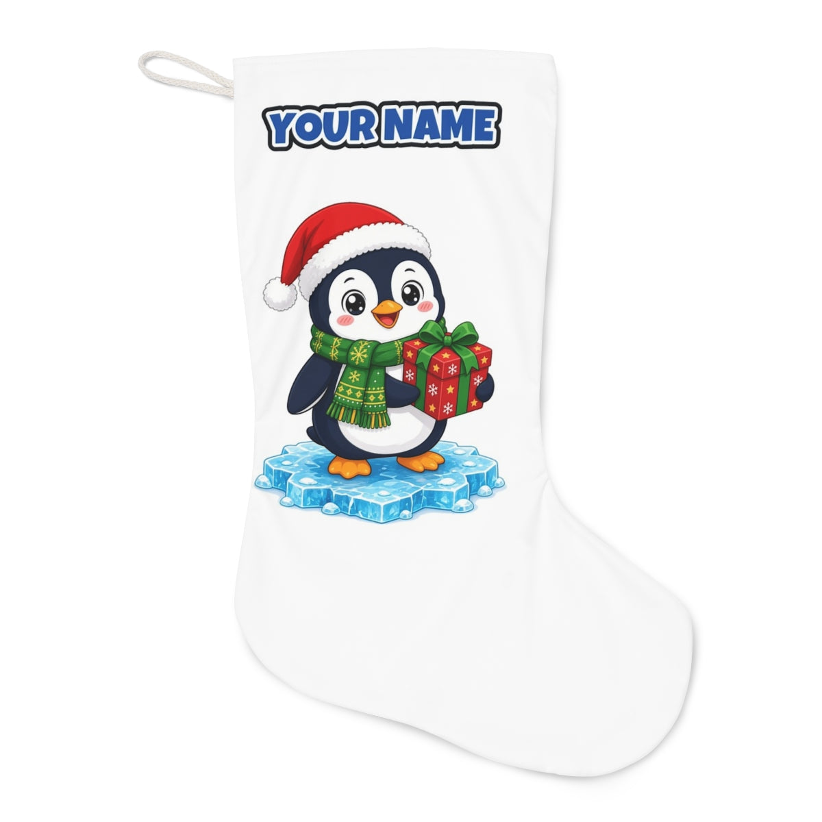 Penguin With a Present Christmas stocking laid flat, showing the full print