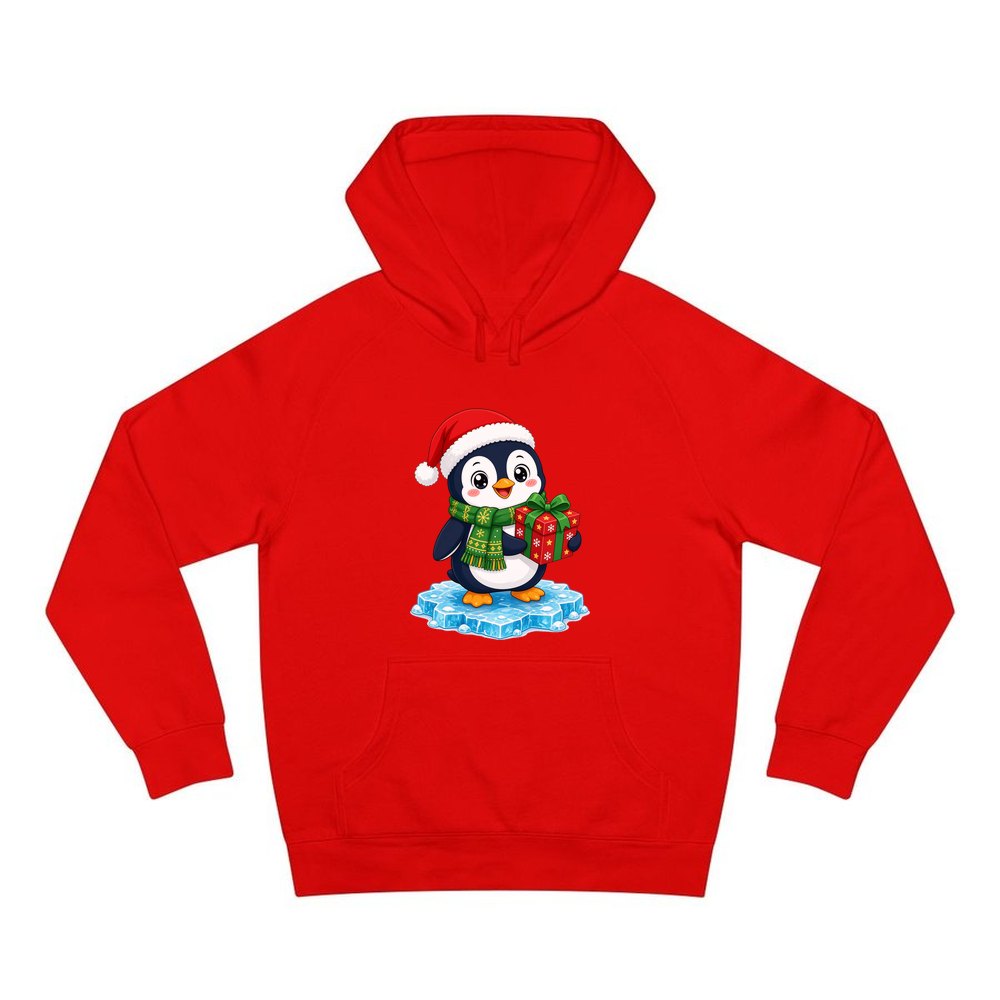 Penguin With a Present personalised Christmas hoodie in red