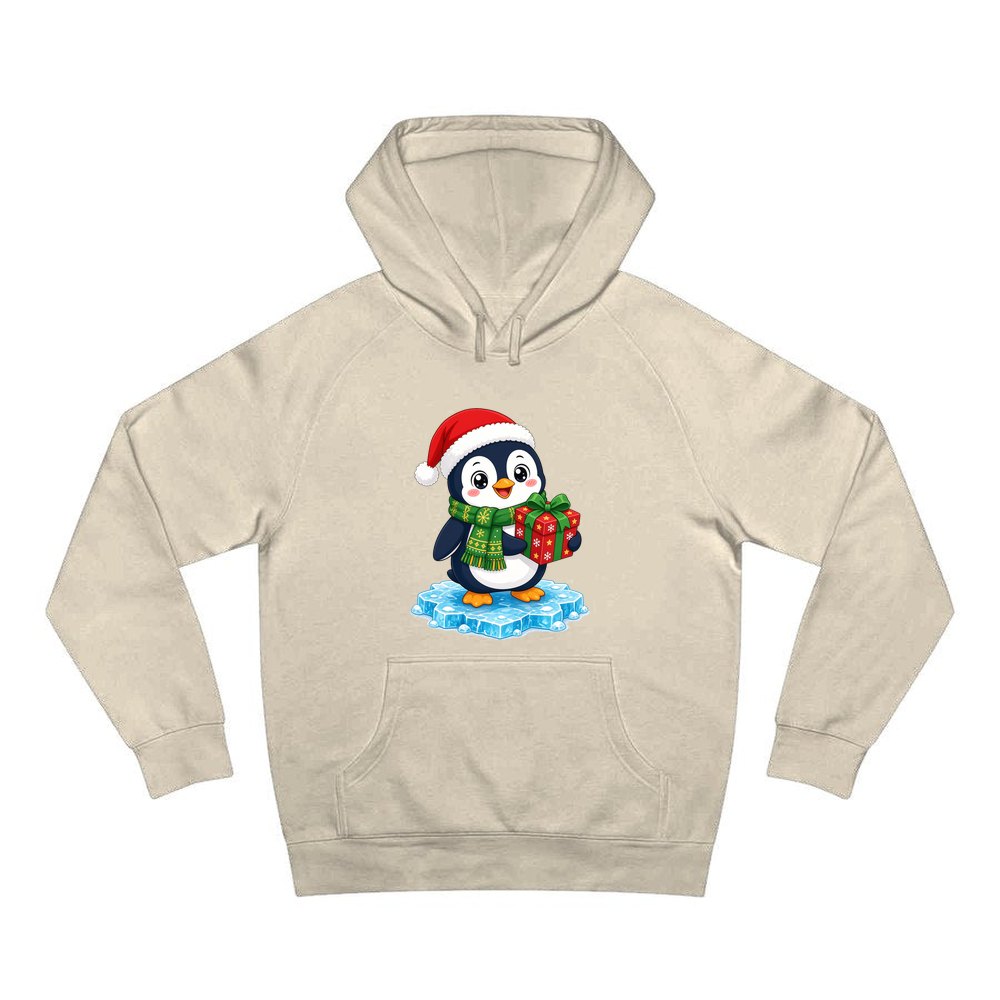 Penguin With a Present personalised Christmas hoodie in sand