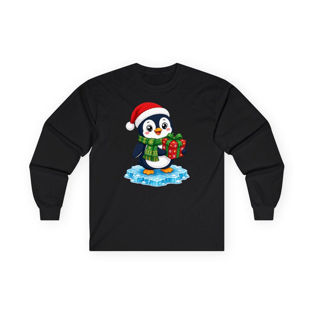 Penguin With a Present personalised long sleeve Christmas T-shirt in black