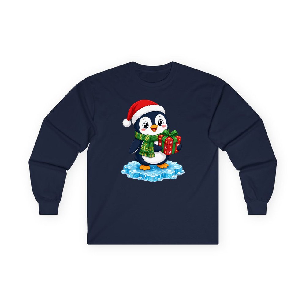 Penguin With a Present personalised long sleeve Christmas T-shirt in navy
