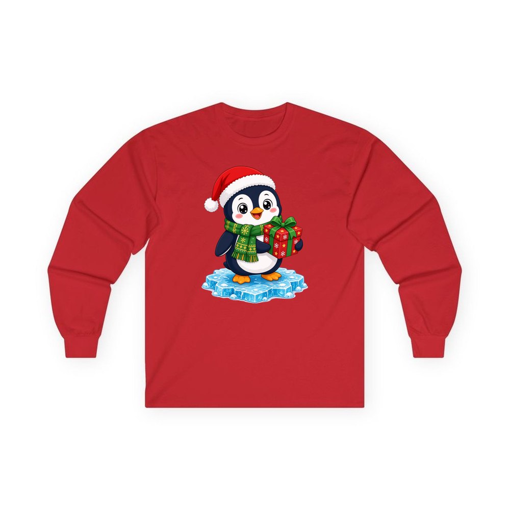 Penguin With a Present personalised long sleeve Christmas T-shirt in red