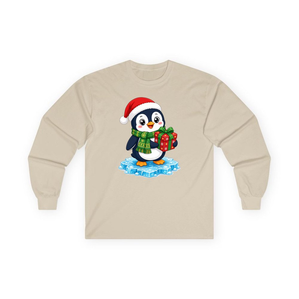 Penguin With a Present personalised long sleeve Christmas T-shirt in sand
