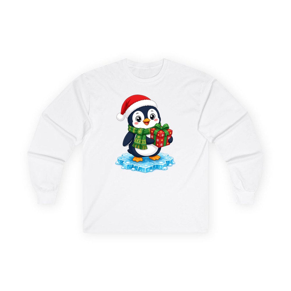 Penguin With a Present personalised long sleeve Christmas T-shirt in white