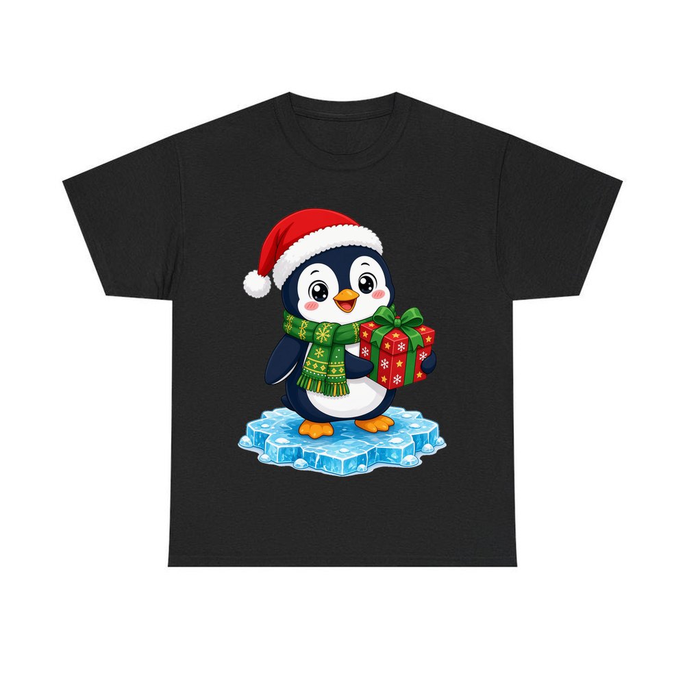 Penguin With a Present personalised Christmas T-shirt in black