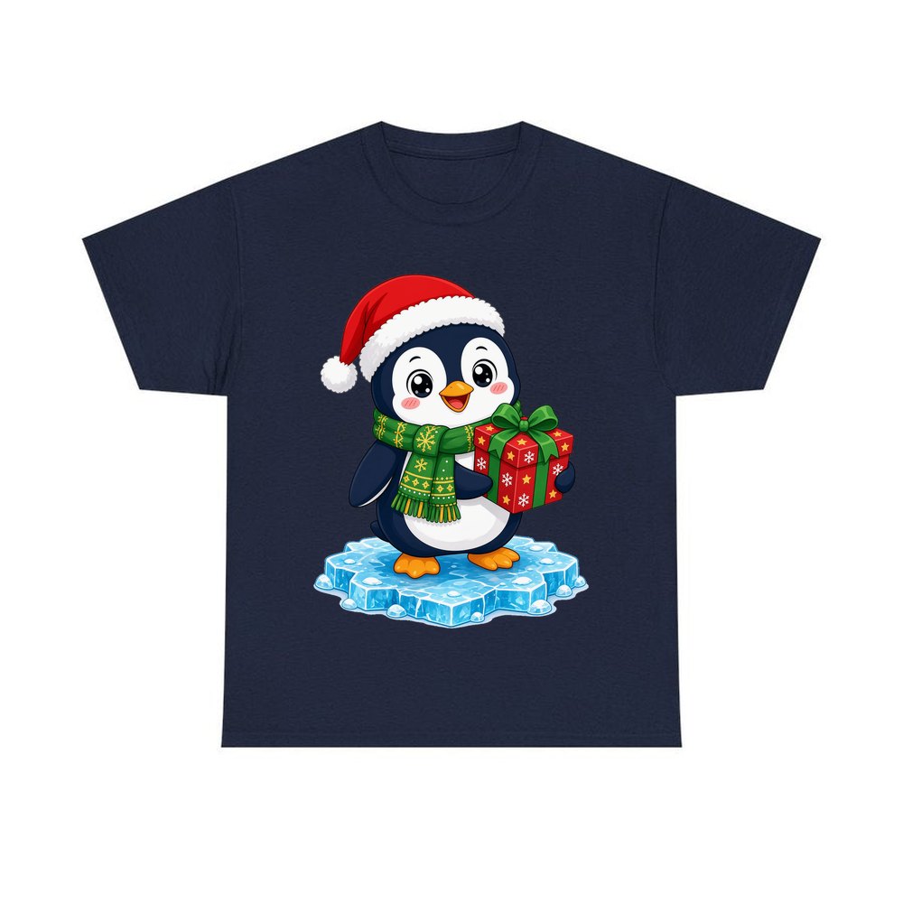 Penguin With a Present personalised Christmas T-shirt in navy