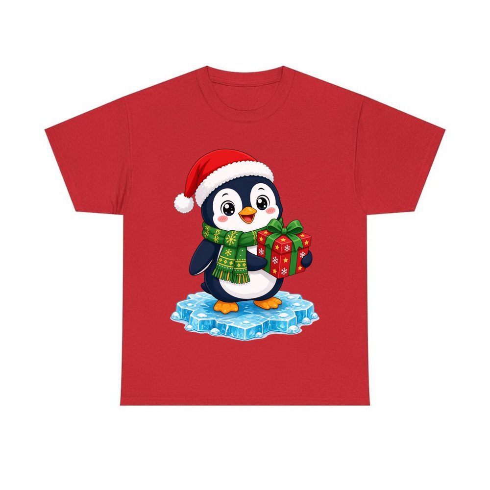 Penguin With a Present personalised Christmas T-shirt in red