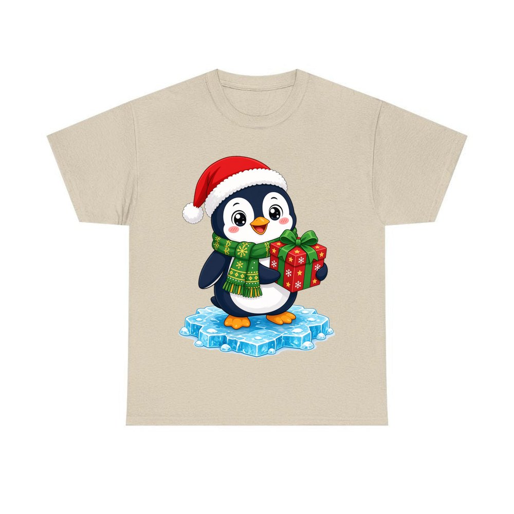 Penguin With a Present personalised Christmas T-shirt in sand