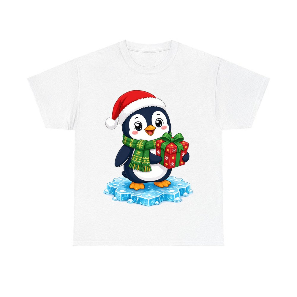 Penguin With a Present personalised Christmas T-shirt in white