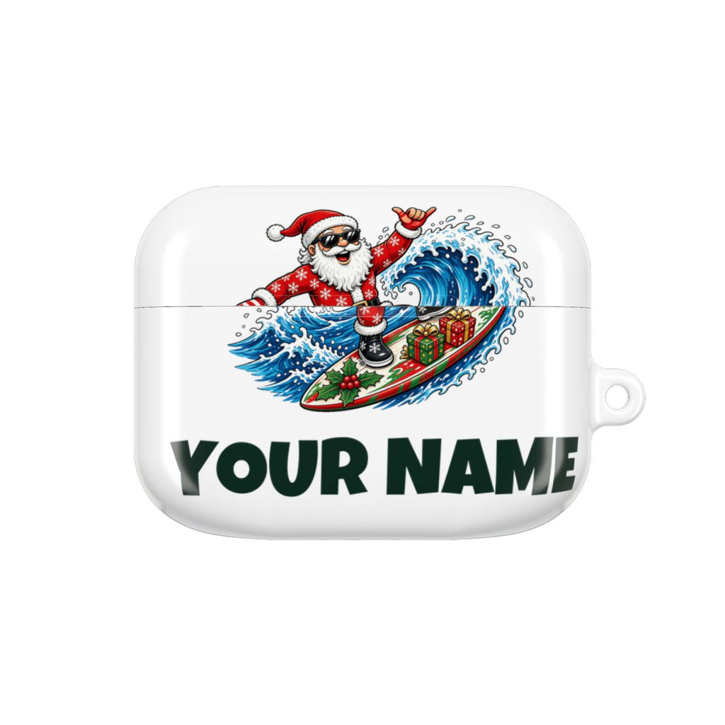 SV mockup: Personalised AirPods Case, Your Design or Ours, shown with our Surfing Santa Hang Loose design and YOUR NAME