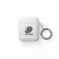 SV mockup: Personalised AirPods Cover, Your Design or Ours, shown with our Elf Surfing The Lights design and YOUR NAME