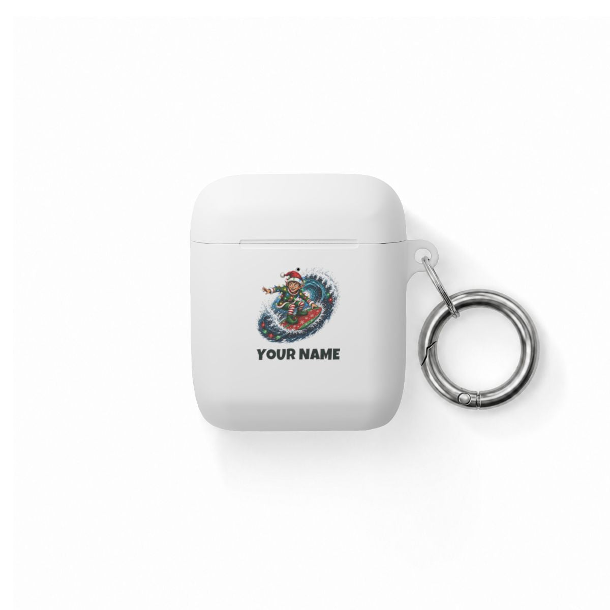 SV mockup: Personalised AirPods Cover, Your Design or Ours, shown with our Elf Surfing The Lights design and YOUR NAME
