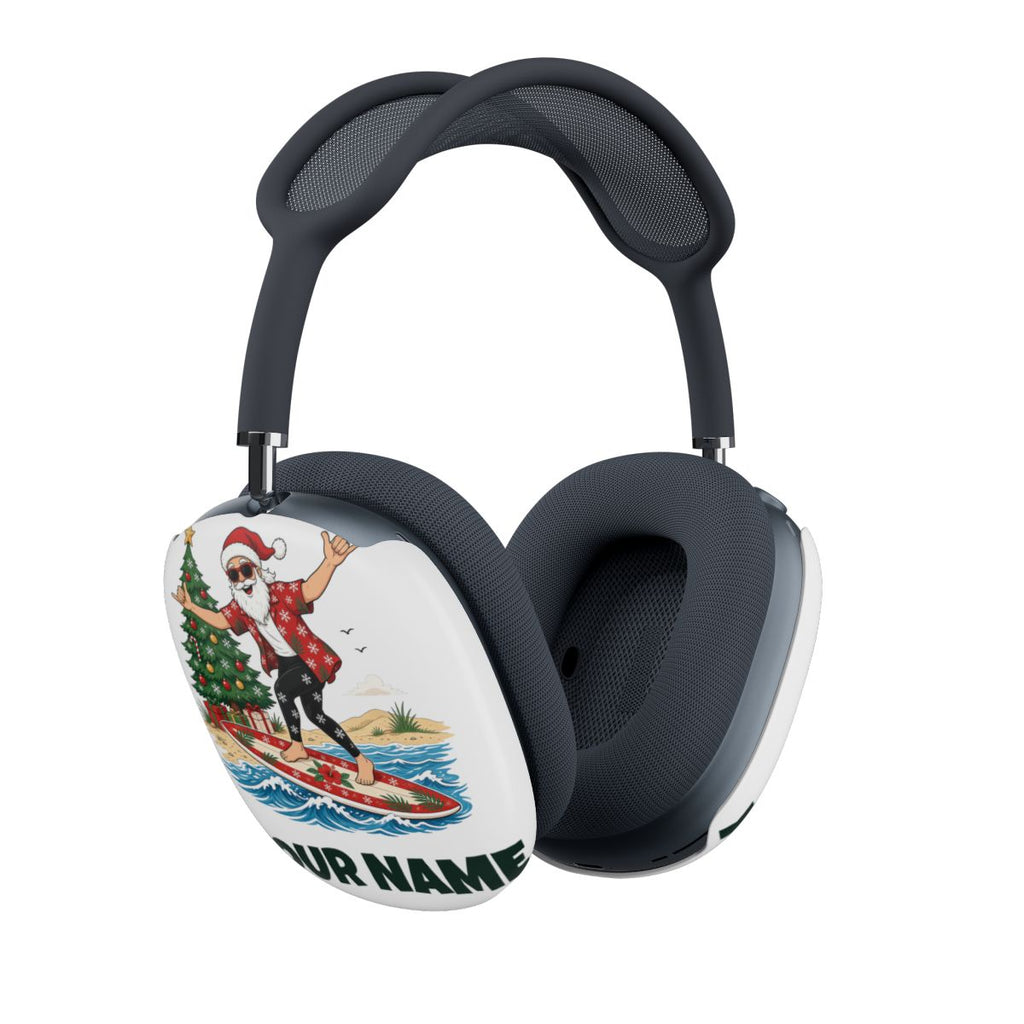 SV mockup: Personalised AirPods Max Covers, Your Design or Ours, shown with our Santa Hang Ten design and YOUR NAME