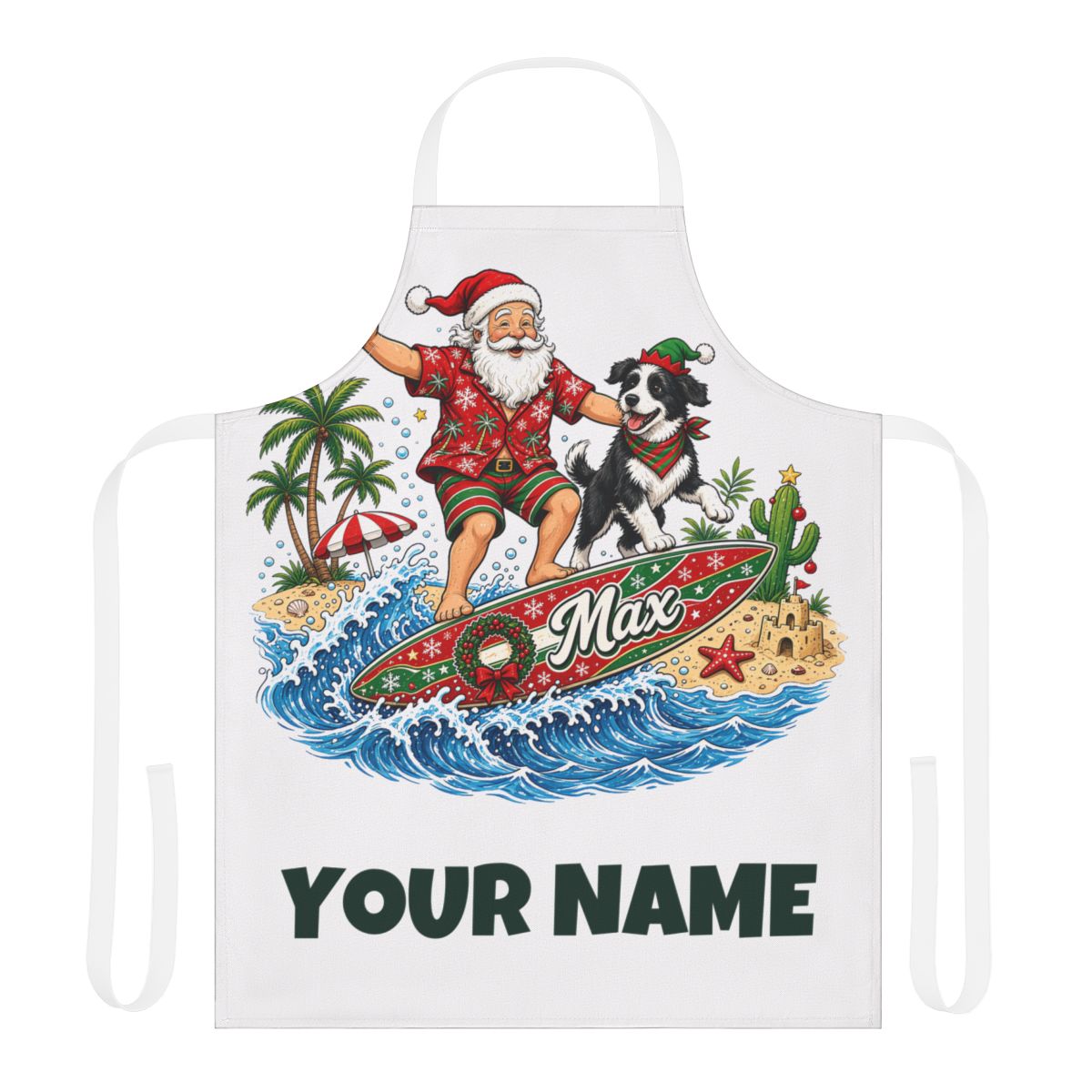 SV mockup: Personalised Apron, Your Design or Ours, shown with our Santa And The Dog On Tour design and YOUR NAME