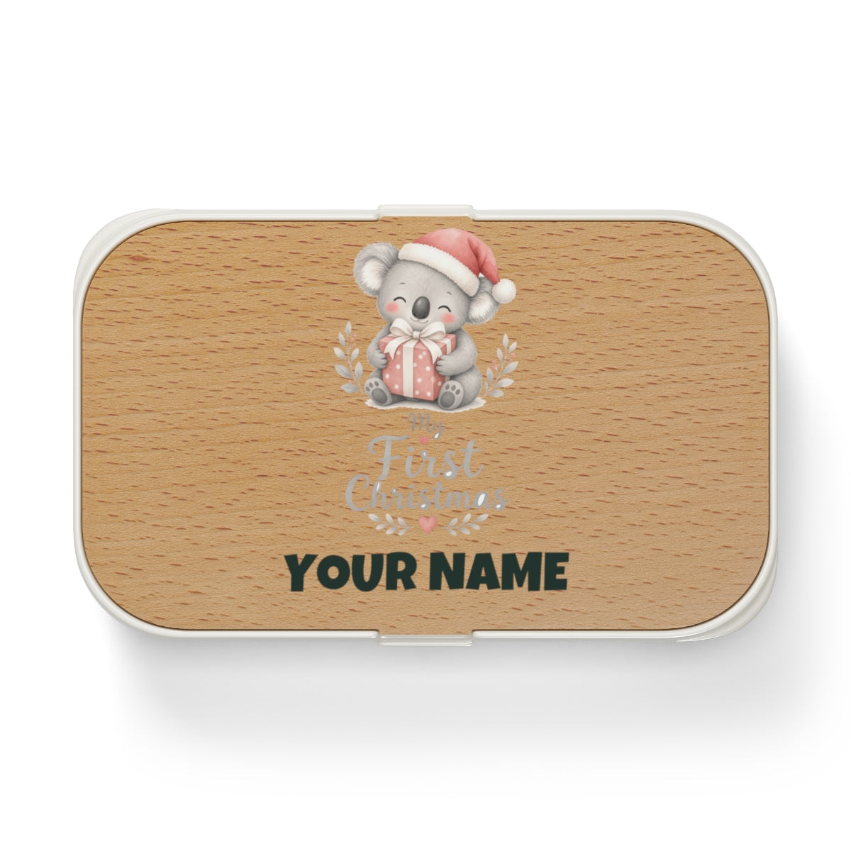 SV mockup: Personalised Bento Lunch Box, Your Design or Ours, shown with our Koalas First Christmas design and YOUR NAME
