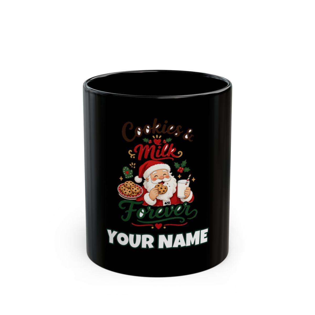 SV mockup: Personalised Black Mug, Your Design or Ours, shown with our Cookies And Milk Santa design and YOUR NAME