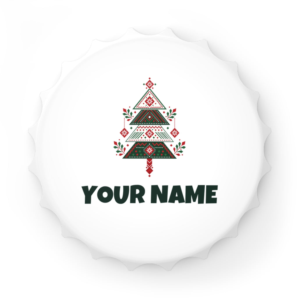 SV mockup: Personalised Bottle Opener, Your Design or Ours, shown with our Nordic Folk Christmas Tree design and YOUR NAME
