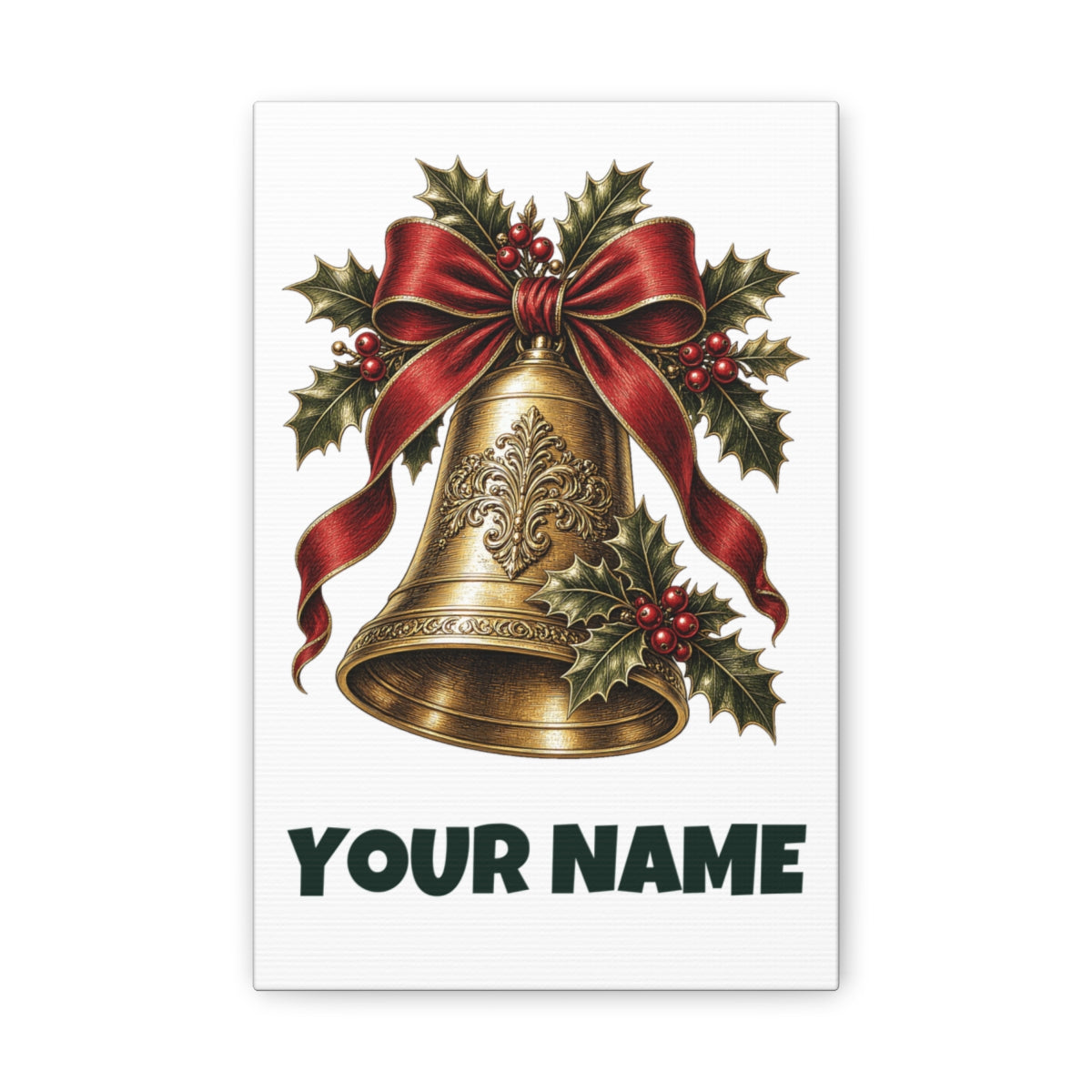 SV mockup: Personalised Canvas Print, Your Design or Ours, shown with our Golden Bell And Holly design and YOUR NAME