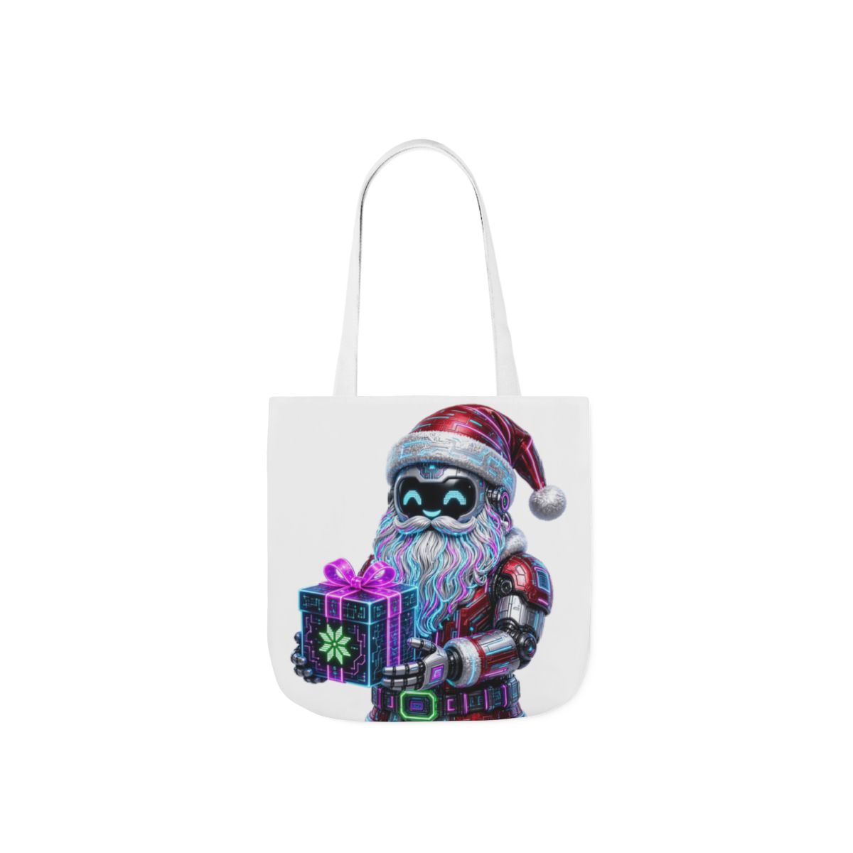 SV mockup: Personalised Canvas Tote, Coloured Straps, Your Design or Ours, shown with our Neon Robot Santa design and YOUR NAME
