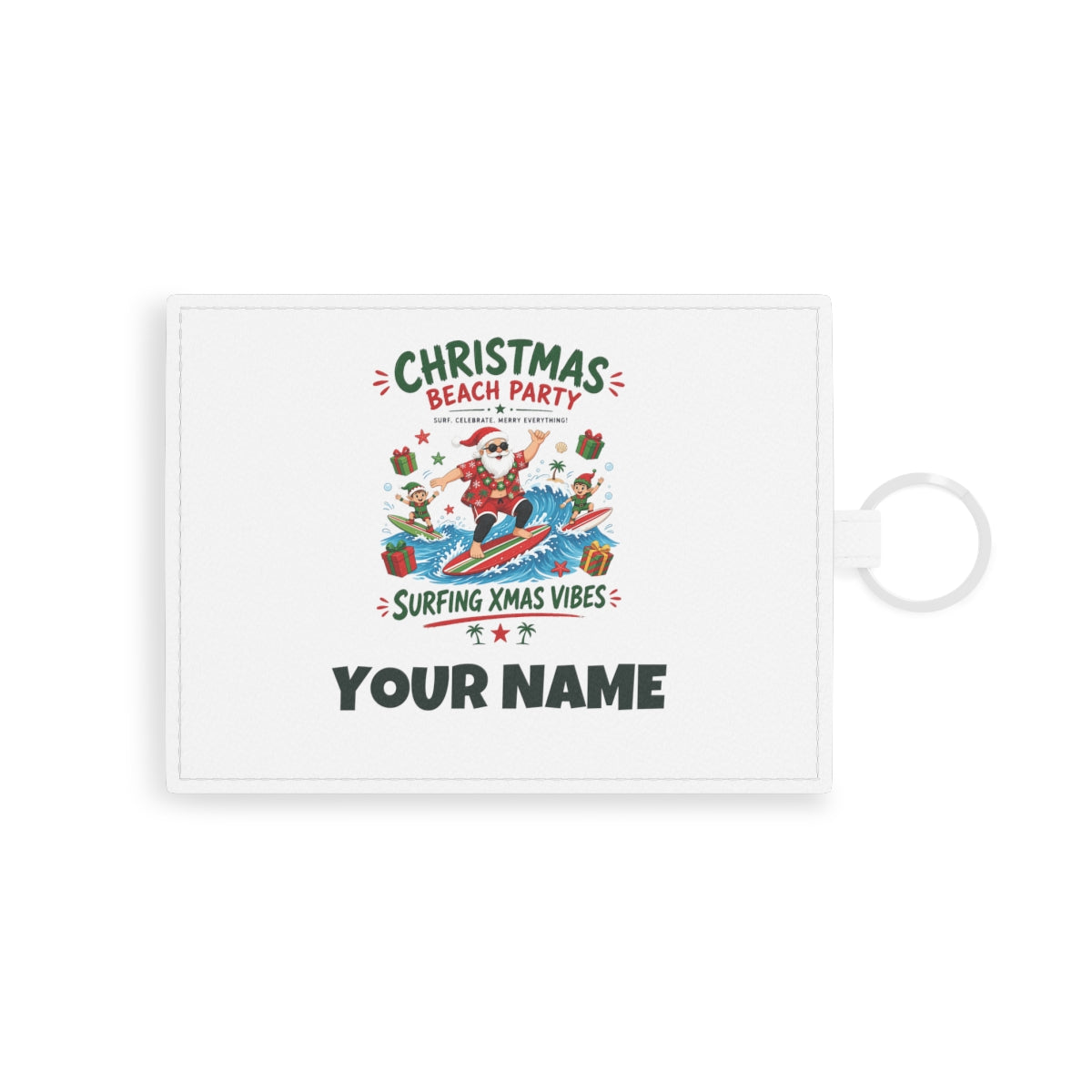 SV mockup: Personalised Leather Card Holder, Your Design or Ours, shown with our Christmas Beach Party design and YOUR NAME