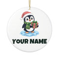 SV mockup: Personalised Ceramic Christmas Ornament, Your Design or Ours, shown with our Penguin With A Present design and YOUR NAME