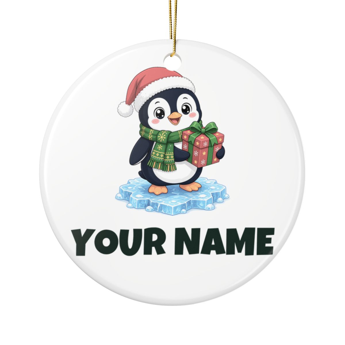 SV mockup: Personalised Ceramic Christmas Ornament, Your Design or Ours, shown with our Penguin With A Present design and YOUR NAME