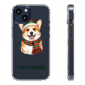 SV mockup: Personalised Clear Phone Case, Your Design or Ours, shown with our Festive Corgi Santa Hat design and YOUR NAME
