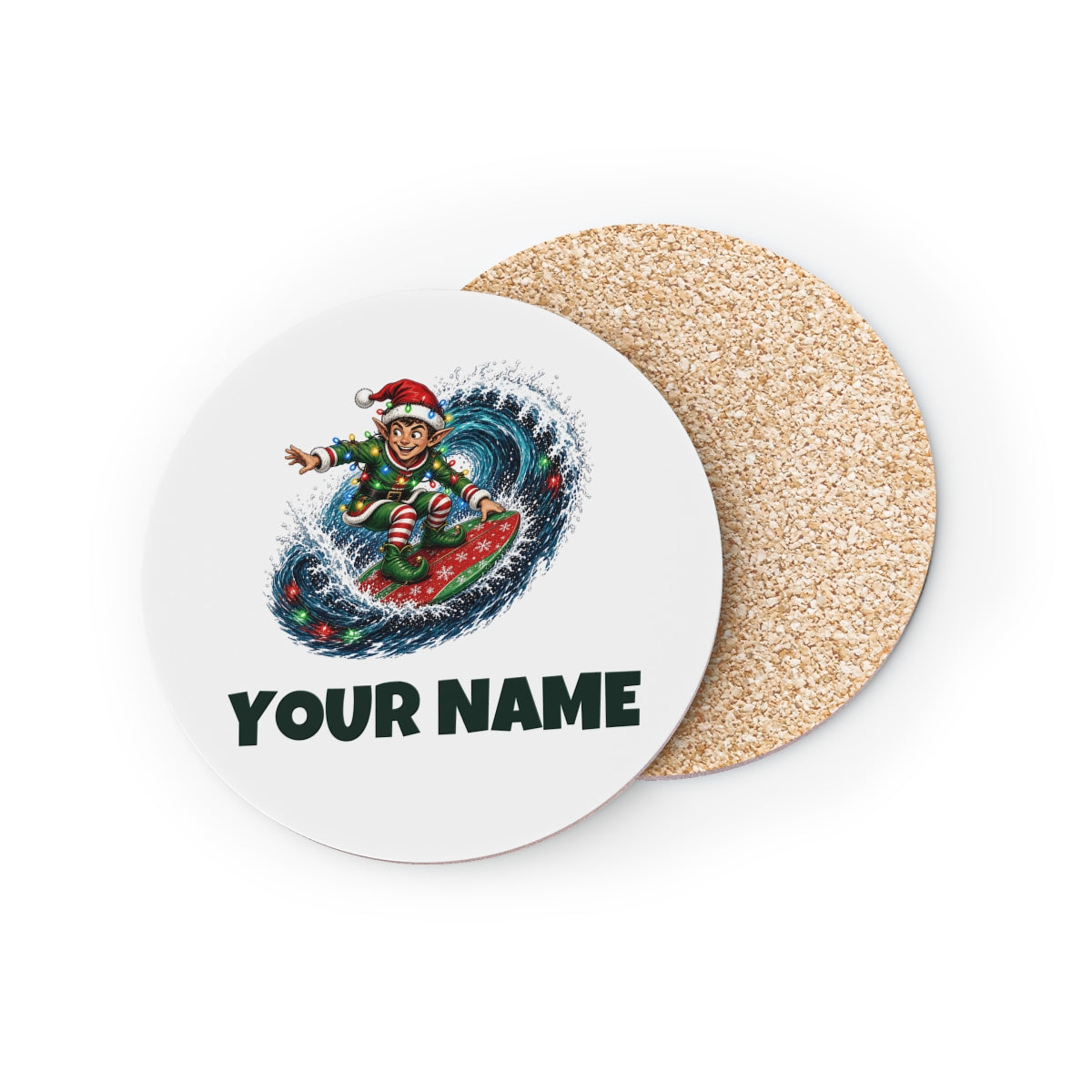 SV mockup: Personalised Coasters, Your Design or Ours, shown with our Elf Surfing The Lights design and YOUR NAME