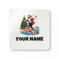 SV mockup: Personalised Cork Back Coaster Set, Your Design or Ours, shown with our Santa Hang Ten design and YOUR NAME