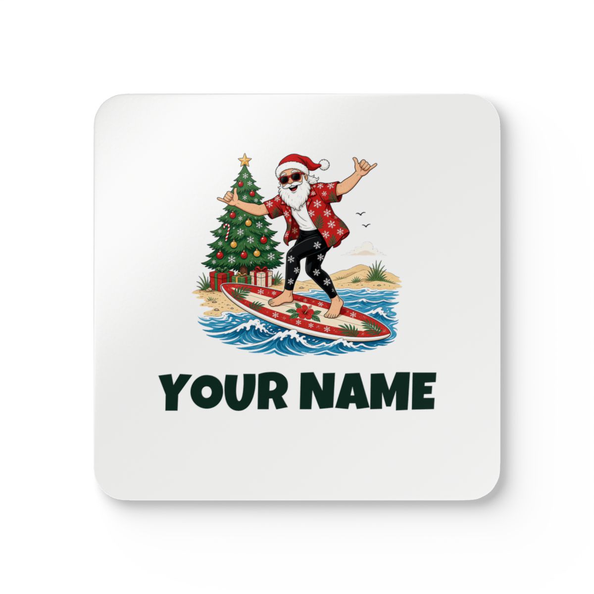 SV mockup: Personalised Cork Back Coaster Set, Your Design or Ours, shown with our Santa Hang Ten design and YOUR NAME
