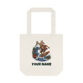 SV mockup: Personalised Cotton Tote Bag, Your Design or Ours, shown with our Reindeer On A Longboard design and YOUR NAME