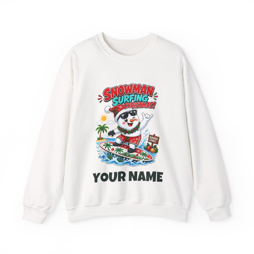 SV mockup: Personalised Crewneck Jumper, Your Design or Ours, shown with our Snowman Surfing Christmas design and YOUR NAME