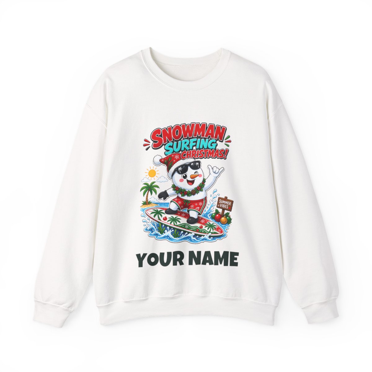 SV mockup: Personalised Crewneck Jumper, Your Design or Ours, shown with our Snowman Surfing Christmas design and YOUR NAME