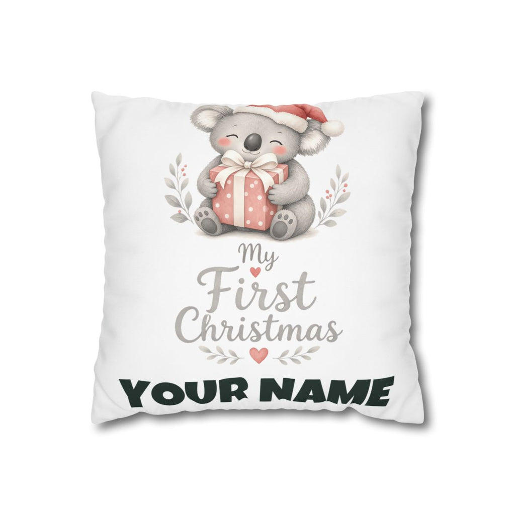 SV mockup: Personalised Cushion Cover, Your Design or Ours, shown with our Koalas First Christmas design and YOUR NAME