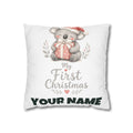SV mockup: Personalised Cushion Cover, Your Design or Ours, shown with our Koalas First Christmas design and YOUR NAME