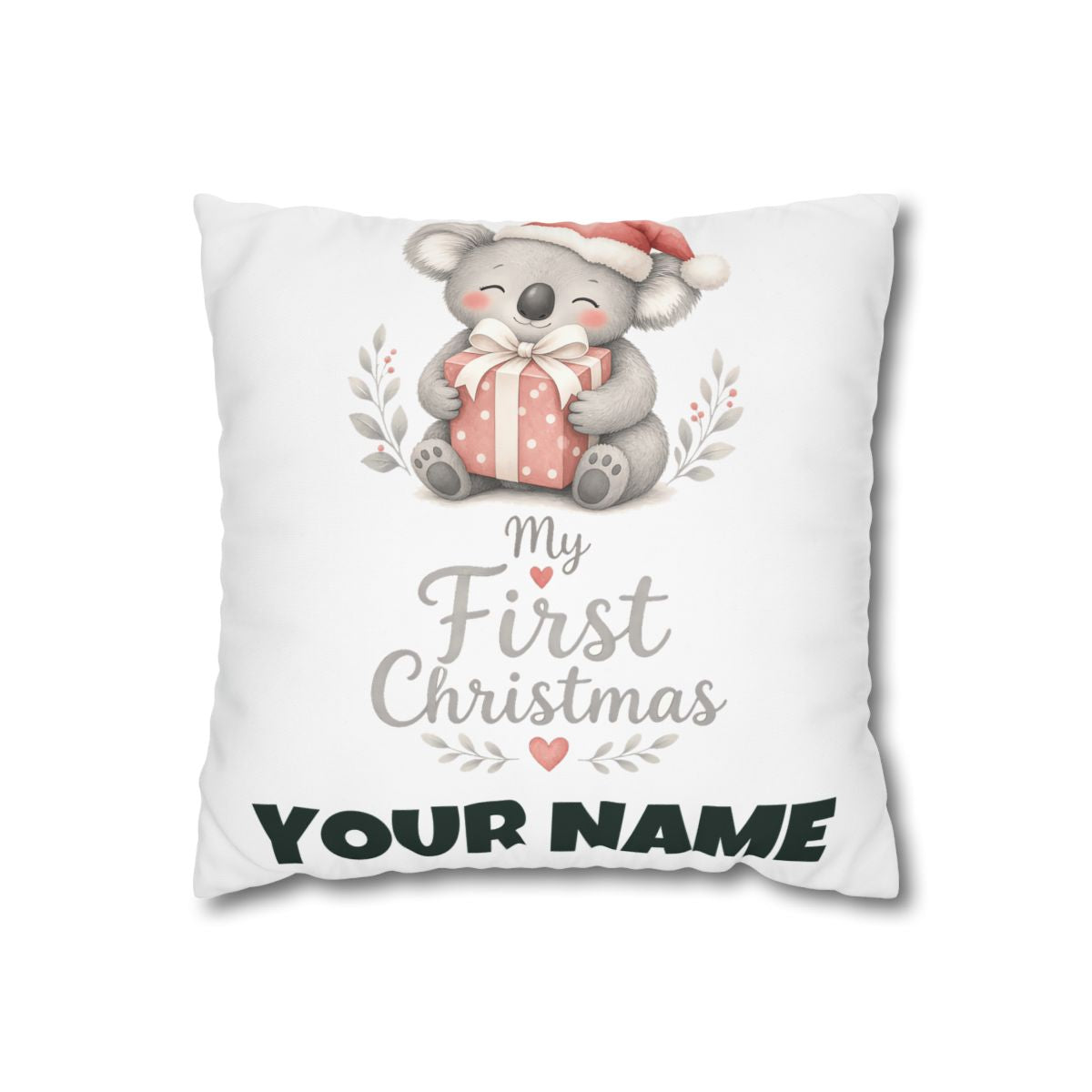 SV mockup: Personalised Cushion Cover, Your Design or Ours, shown with our Koalas First Christmas design and YOUR NAME