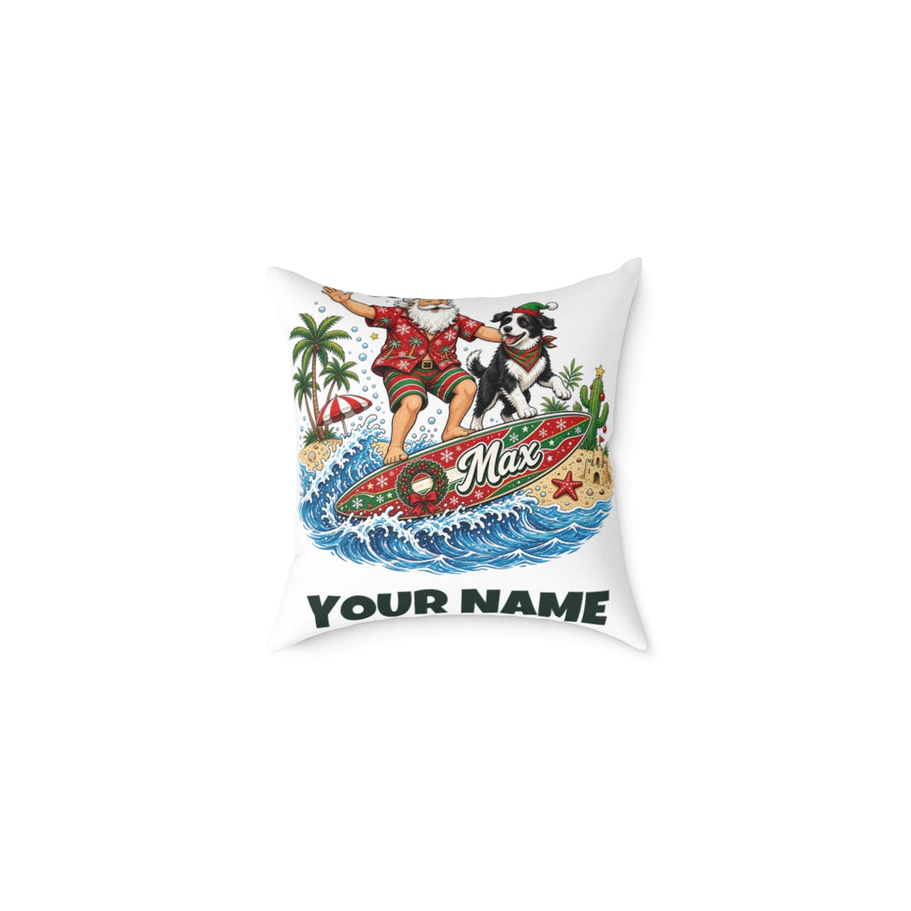 SV mockup: Personalised Cushion with Insert, Your Design or Ours, shown with our Santa And The Dog On Tour design and YOUR NAME