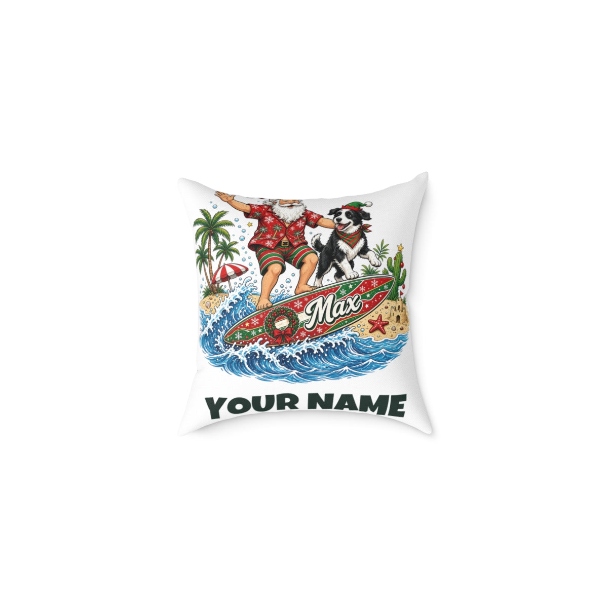 SV mockup: Personalised Cushion with Insert, Your Design or Ours, shown with our Santa And The Dog On Tour design and YOUR NAME