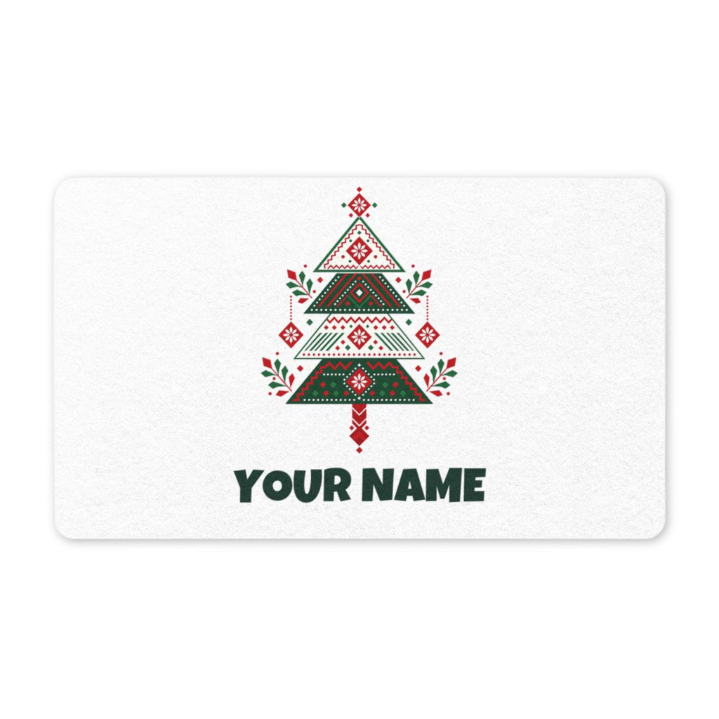 SV mockup: Personalised Doormat, Your Design or Ours, shown with our Nordic Folk Christmas Tree design and YOUR NAME