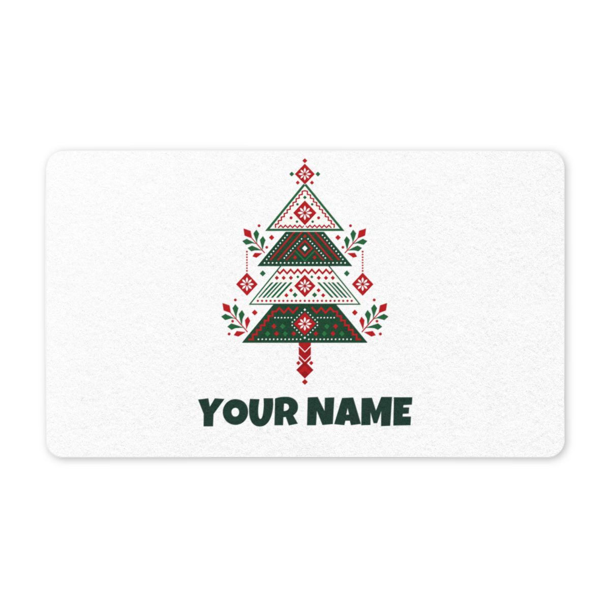 SV mockup: Personalised Doormat, Your Design or Ours, shown with our Nordic Folk Christmas Tree design and YOUR NAME