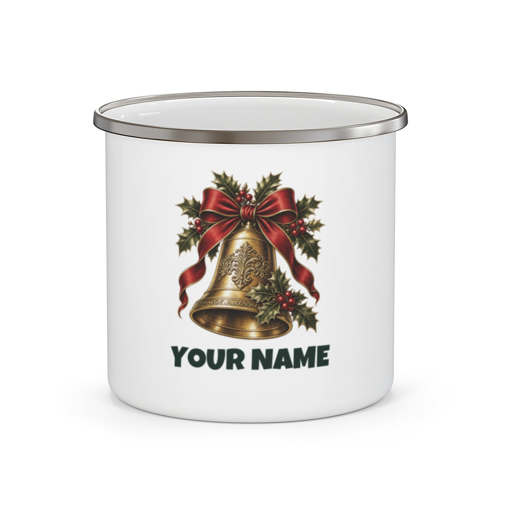 SV mockup: Personalised Enamel Camping Mug, Your Design or Ours, shown with our Golden Bell And Holly design and YOUR NAME