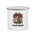 SV mockup: Personalised Enamel Camping Mug, Your Design or Ours, shown with our Golden Bell And Holly design and YOUR NAME