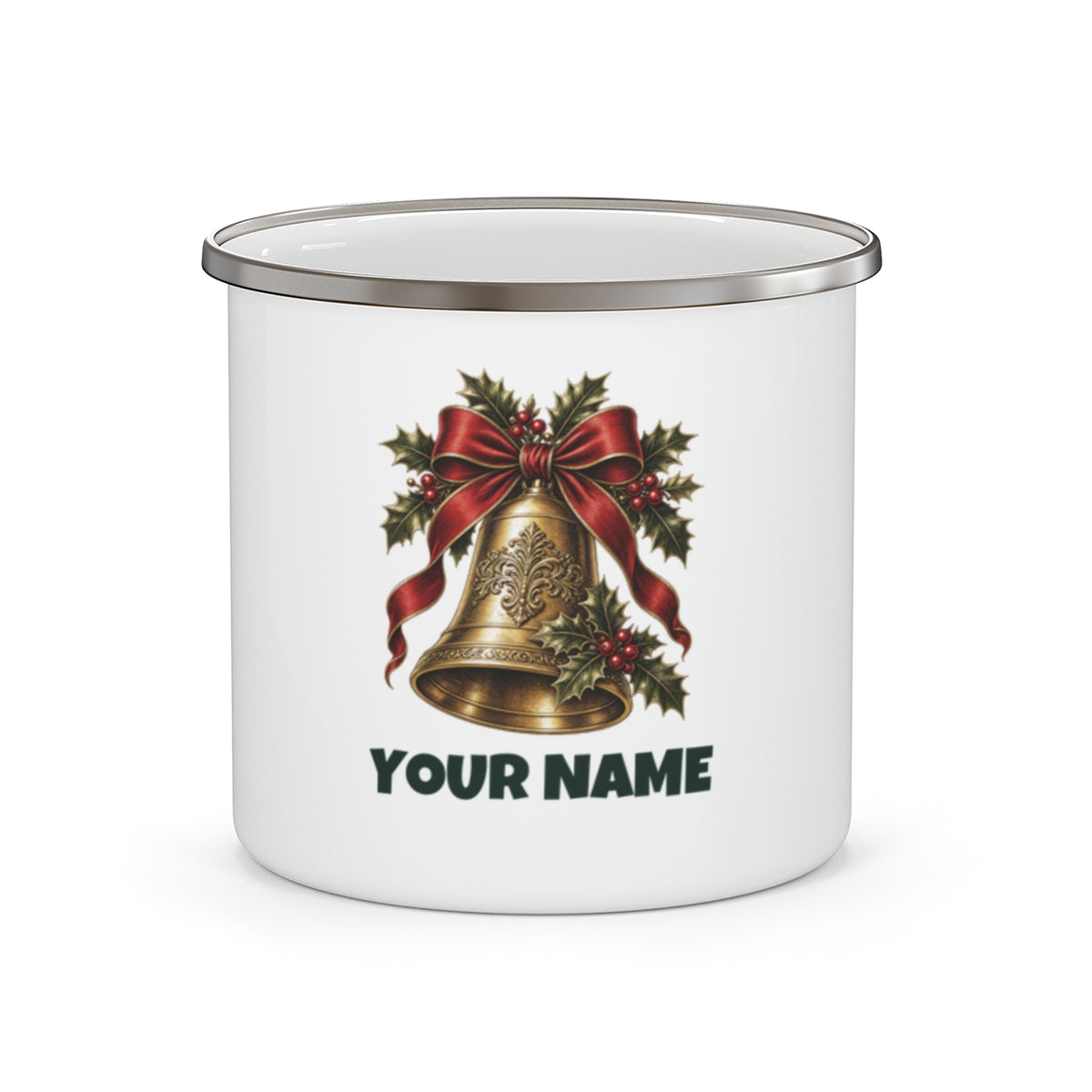 SV mockup: Personalised Enamel Camping Mug, Your Design or Ours, shown with our Golden Bell And Holly design and YOUR NAME