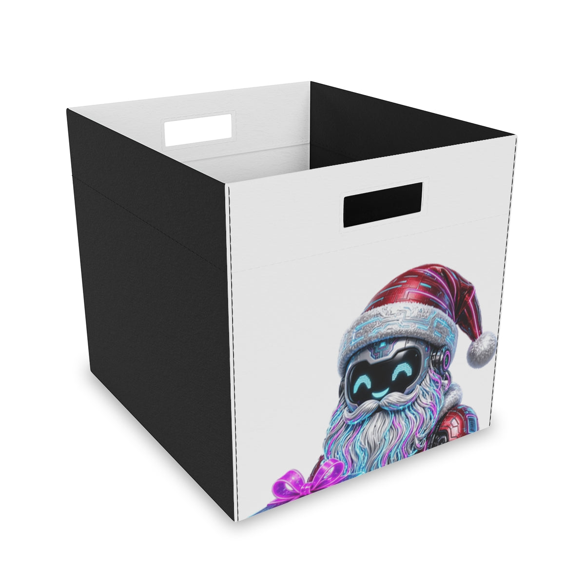 SV mockup: Personalised Felt Storage Box, Your Design or Ours, shown with our Neon Robot Santa design and YOUR NAME