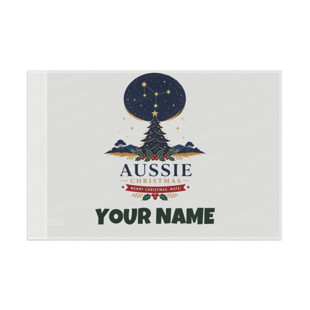 SV mockup: Personalised Flag, Your Design or Ours, shown with our Southern Cross Christmas Tree design and YOUR NAME