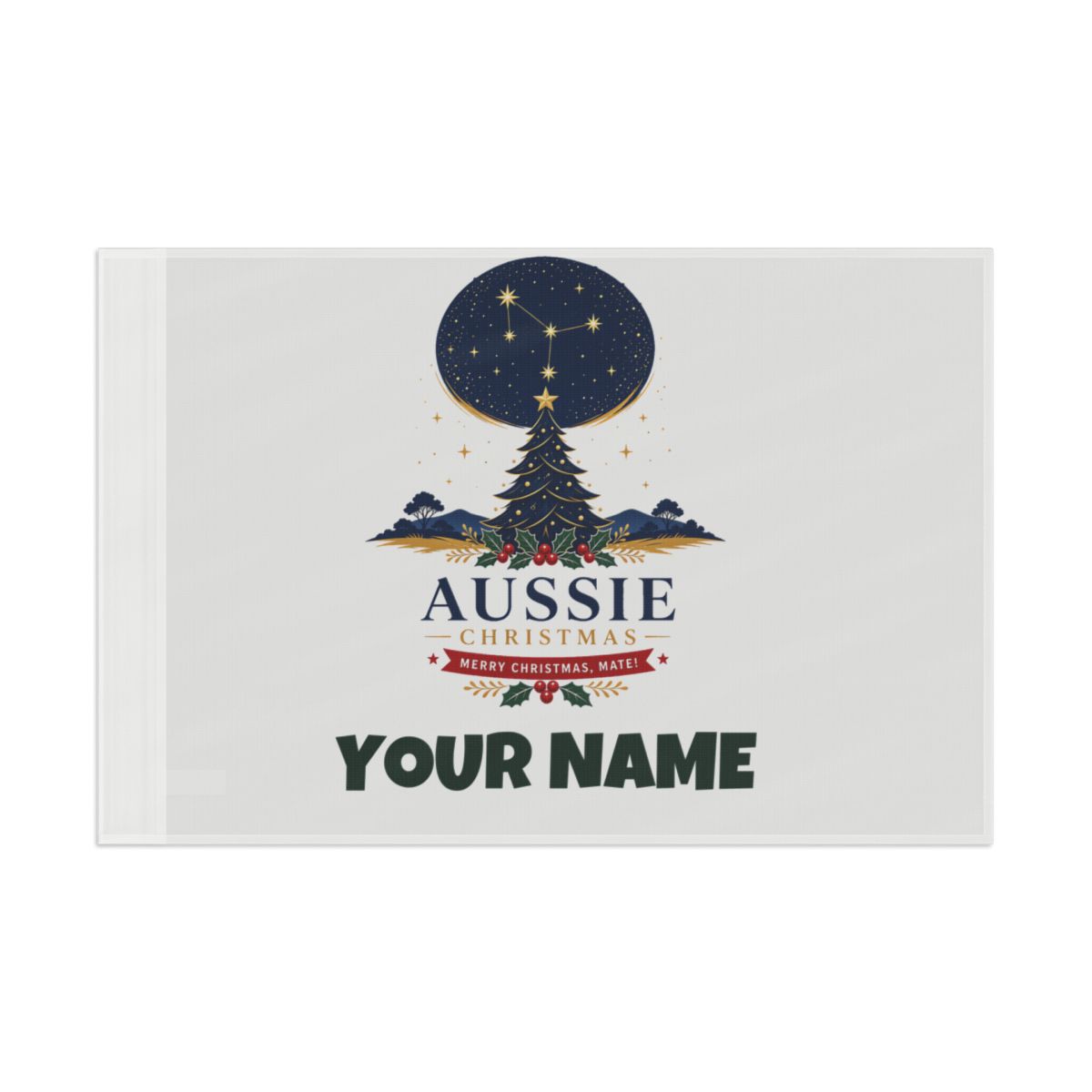 SV mockup: Personalised Flag, Your Design or Ours, shown with our Southern Cross Christmas Tree design and YOUR NAME