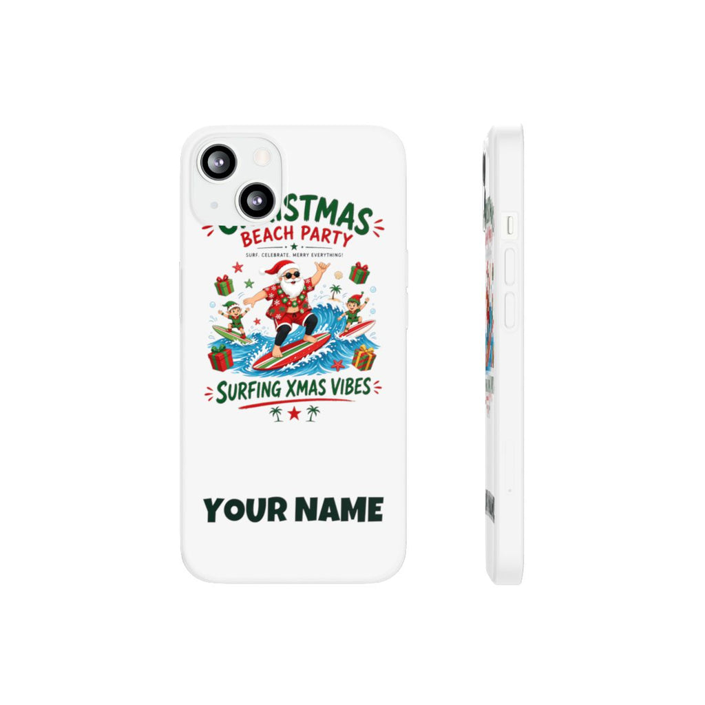 SV mockup: Personalised Flexi Phone Case, Your Design or Ours, shown with our Christmas Beach Party design and YOUR NAME