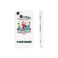SV mockup: Personalised Flexi Phone Case, Your Design or Ours, shown with our Christmas Beach Party design and YOUR NAME