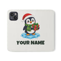 SV mockup: Personalised Flip Wallet Phone Case, Your Design or Ours, shown with our Penguin With A Present design and YOUR NAME